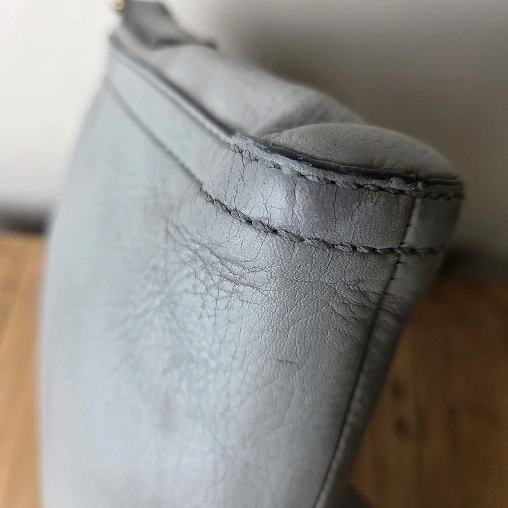 Fossil Gray Leather Crossbody Bag Soft Pebbled Leather Zip Top Key Charm...